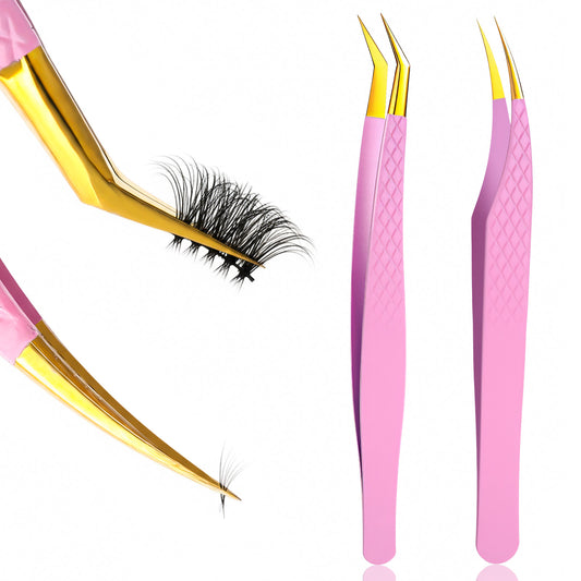 IANFAN Lash Tweezers for Eyelash Extensions, 2 Pcs 90 Degree Fiber Tip Eyelash Extension Tweezers, Pink, False Lashes & Volume Lash, 2Pcs Set, for Lashes Technicians