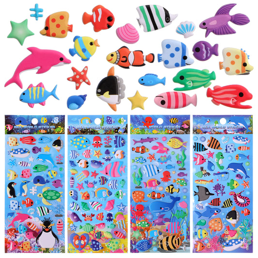 JJUNW Fish Stickers, 4 Sheets 3D Foam Under The Sea Ocean Animal Stickers for Crafts Sea Creatures with Assorted Small Sea Life, Tropical Fish, Sea Turtles Shape Stickers(Style2)