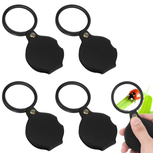 AOZO Pack of 4 Mini Magnifying Glass, 10x Pocket Magnifier, Folding Magnifying Glass, Mini Magnifying Glass, Reading Magnifying Glass with Rotating Leather Protective Case for Maps, Jewellery,