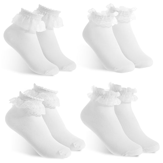 BOHUIZ 4 Pairs White Lace Frilly Socks For Women, Womens Ruffle Socks Breathable Cotton Crew Ankle Sock For Women And Girls