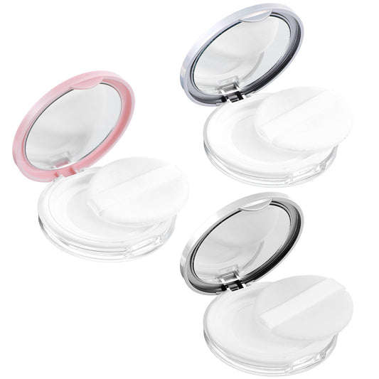 GiantreeThree-Piece Loose Powder Box (With Powder Puff) 0.17/0.7 oz Refillable Empty Powder Box, Plastic Portable DIY Makeup Empty Powder Box with Mirror and Mesh Sieve (Pink, Silver, Colorful)