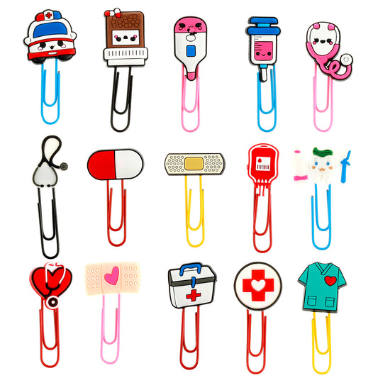 LXUEJIE 15 Pcs Cute Cartoon Bookmarks, Nurse Gifts Medical Theme Bookmarks Colorful Paperclip for Pagination Organize Folder Unique Bookmark for Nurses Day Doctors Day Office Kids Gift