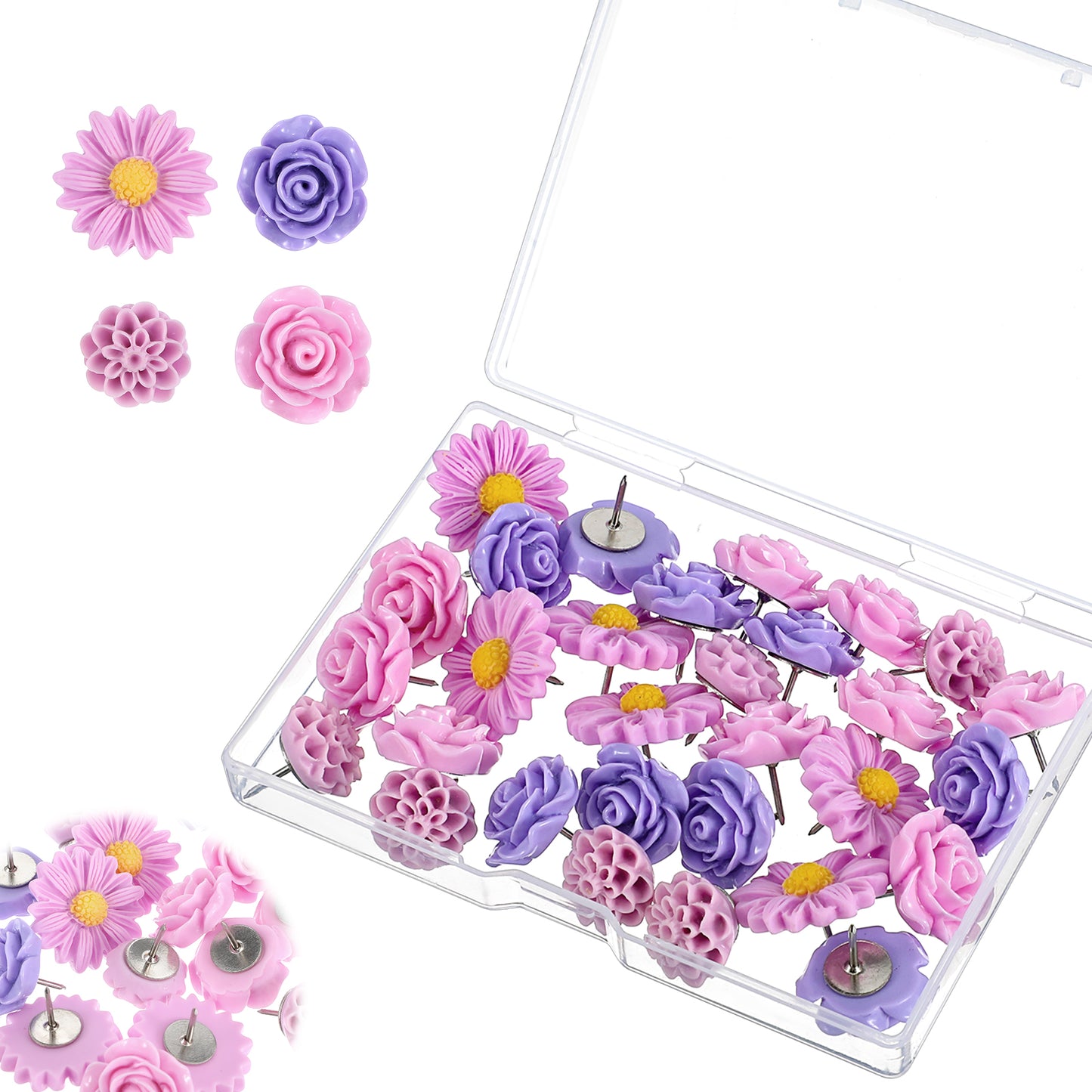 XLIUAX Flower Push Pins, Rose Thumb Tacks Cute Pink Thumbtacks for Cork Board Decorative Push Pins for Bulletin Board Photos Wall Maps Offices (Purple)