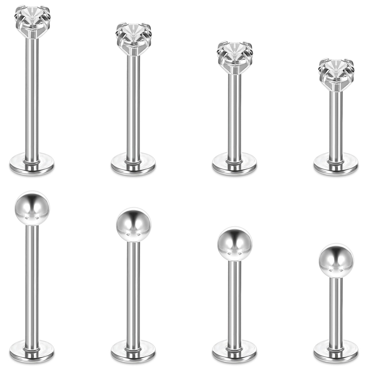 AOZUO 8Pcs Stainless Steel Lip Studs, 6-12mm Silver Labret Bars Nose Studs Piercing Jewelry Tragus Helix Cartilage Rhinestone Lip Studs Crystal Ball Earrings for Women Men