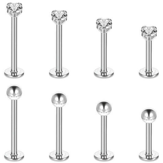 AOZUO 8Pcs Stainless Steel Lip Studs, 6-12mm Silver Labret Bars Nose Studs Piercing Jewelry Tragus Helix Cartilage Rhinestone Lip Studs Crystal Ball Earrings for Women Men