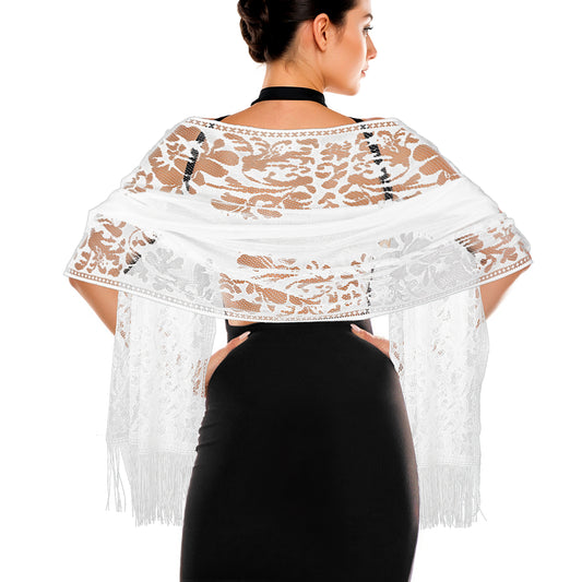 Jeffdad Women's Evening Lace Scarf Shawl wif Tassels for Women's Evening Dress Evening Party Mesh Wedding Shawls (White)