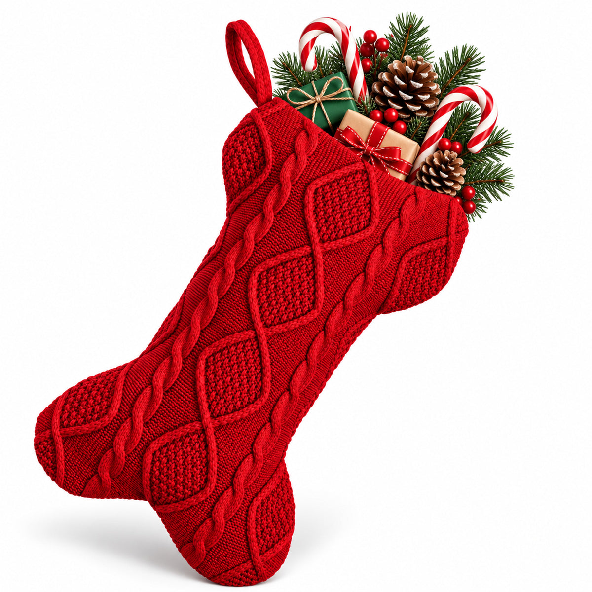 Amabro Dog Christmas Stocking Large Bone Shape Knitted Hanging Stocking Red