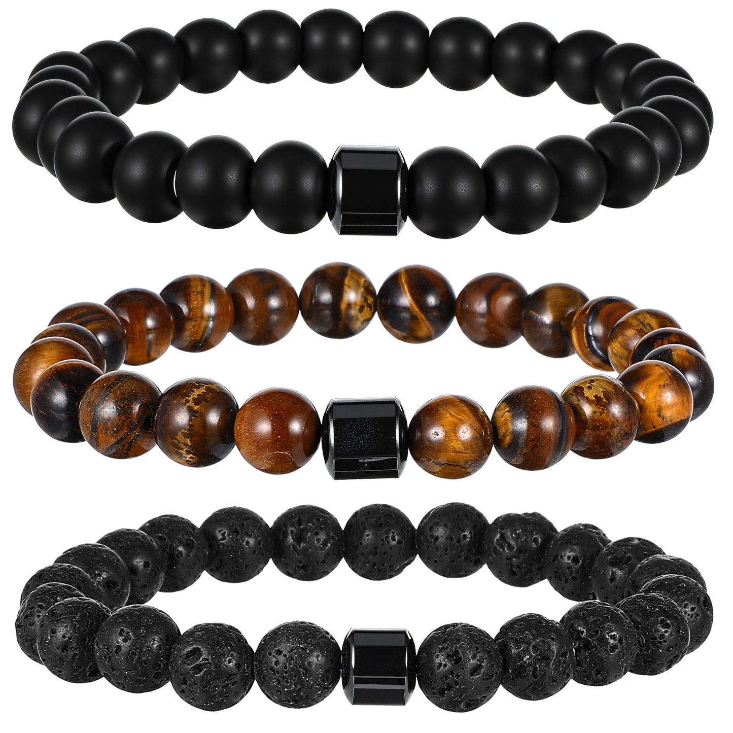 TIESOME 3PCS Mens Beaded Bracelets Set, 8MM Tiger Eye Lava Rock Beaded Bracelet Stretch Adjustable Stone Men's Bead Bracelet