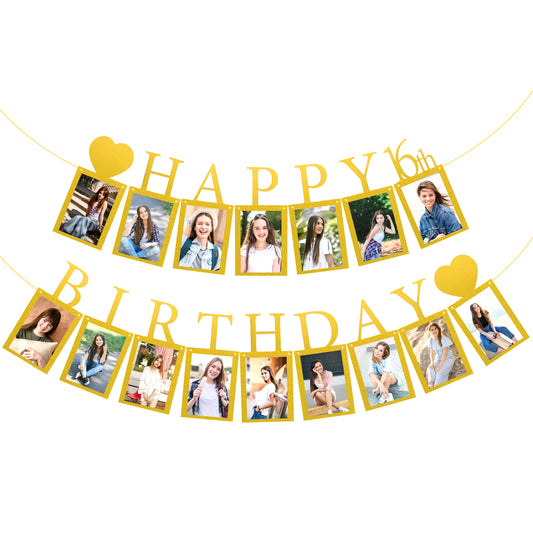 Giantree Gold Birthday Photo Banner, Happy Birthday Monogram Banner Commemorating Annual Milestone Wreath Gold Happy Birthday Banner Glitter Birthday Letters Banners for Kids and Adults