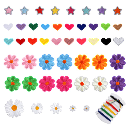 Bewudy 47 Pcs Colorful Flower Iron on Patches, Cute Daisy Flower Star Heart Applique Patch, Sew On Embroidered Applique Sewing Patches for Clothing Jackets Jeans Pants Hats Backpacks (with Stitching)