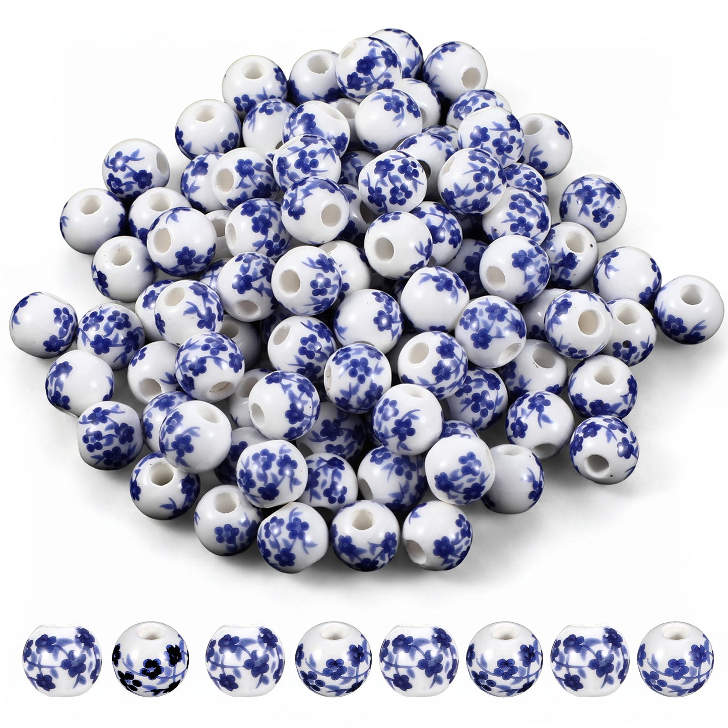JJUNW Ceramic Beads, 100 Pcs Round Porcelain Beads 8mm Handmade Porcelain Flower Printed Spacer Beads Craft Beading Kit for Jewelry Making Supplies DIY Crafts Bracelets Necklace(Blue)