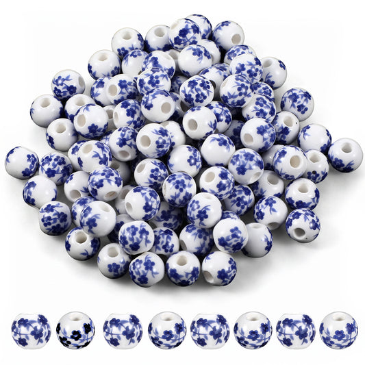 JJUNW Ceramic Beads, 100 Pcs Round Porcelain Beads 8mm Handmade Porcelain Flower Printed Spacer Beads Craft Beading Kit for Jewelry Making Supplies DIY Crafts Bracelets Necklace(Blue)