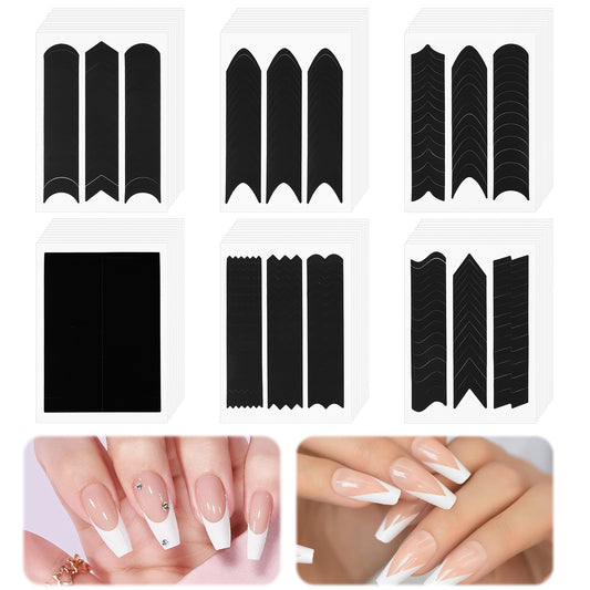 Bewudy 60 Sheets 6 Designs French Tip Nail Stickers, French Tip Nail Guides, Self-Adhesive French Manicure Strip Stickers for Edge Auxiliary Black DIY Decoration Stencil Tools