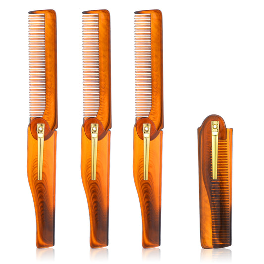 AOZUO 4pcs Mustache Comb, Folding Beard Comb Pocket Fine Tooth Comb Switchblade Comb Mini Portable Hair Comb Straightener for Men Moustaches and Short Beards Hair Care Styling