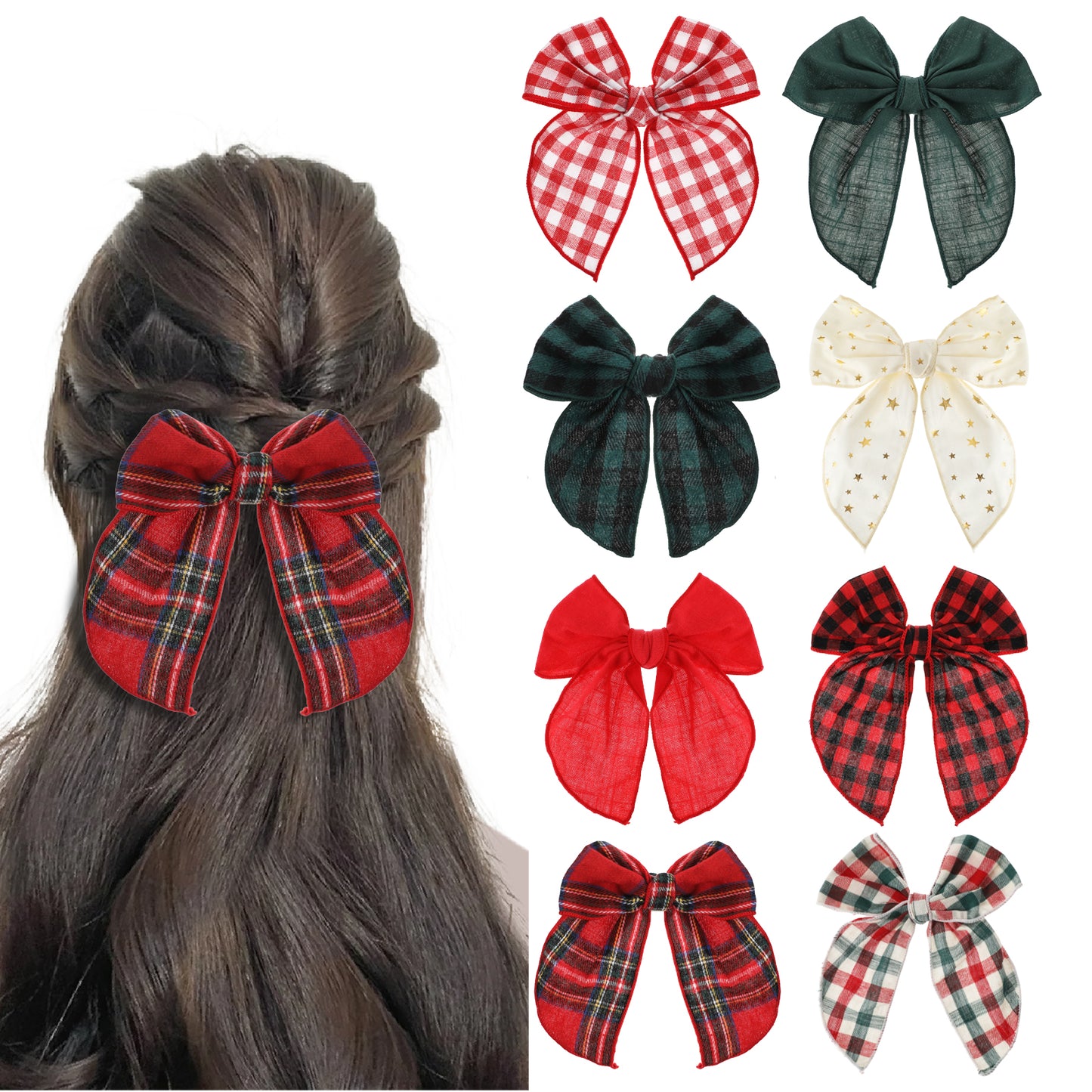 Andibro 8Pcs Christmas Bows Hair Clips, Cotton Linen Red and Black Plaid Hair Bow Christmas Red and Green Bow Clips Big Bowknot Hairpins Red Green Handmade Christmas Hair Accessories for Women