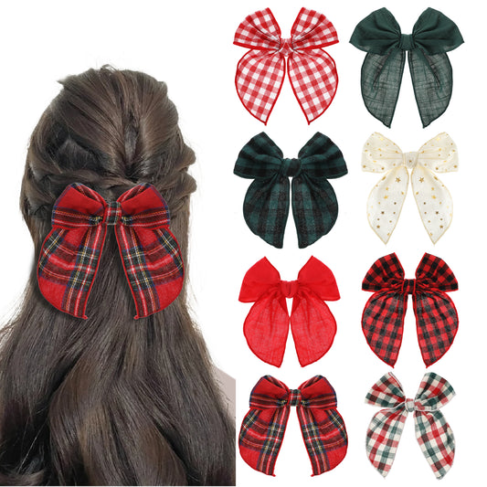 Andibro 8Pcs Christmas Bows Hair Clips, Cotton Linen Red and Black Plaid Hair Bow Christmas Red and Green Bow Clips Big Bowknot Hairpins Red Green Handmade Christmas Hair Accessories for Women