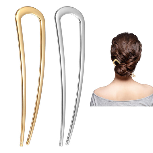 JIYIN Metal French Hair Pins, 5.5 Inch U-Shaped Large Hair Fork for Buns Long and Thick Hair, U Shaped Hair Pins for Women, Elegant French Twist Hair Pin, Suitable for Various Hairstyles(Silver+Gold)
