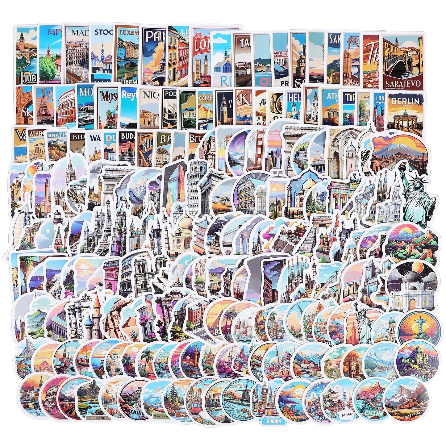DOPENSPI 200PCS World Travel Stickers, Travel Map Country Stickers Waterproof Vinyl City Sticker Vintage Aesthetic Sticker for Suitcase Scrapbook Water Bottle Laptop Journal Luggage Skateboard