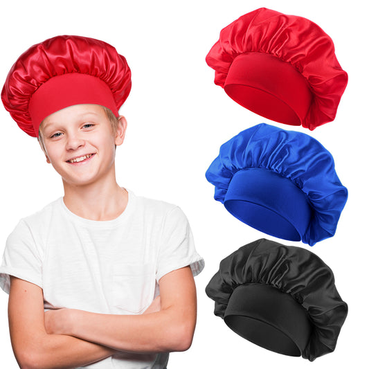 JIEYAO 3Pcs Satin Bonnets for Sleeping Kids, Silk Baby Bonnet for Curly Hair Toddler Elastic Silk Bonnet for Girls Boys Face Washing Sleeping Toddler Nightcap Sleeping Cap for Teens Toddler Child