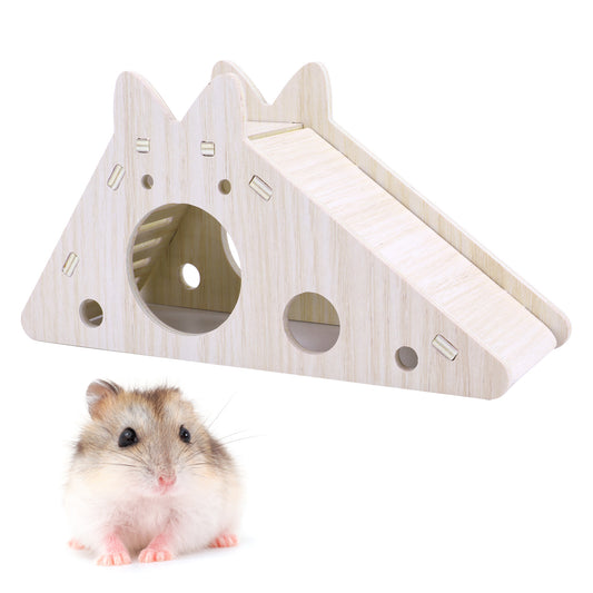 BOHUIZ Hamster House with Ladder and Slide, Wooden Hamster Hideout Toys Gerbil Rat Play Slide Hut Small Animal Activity Toy Hamsters Cage Accessories for Small Pets
