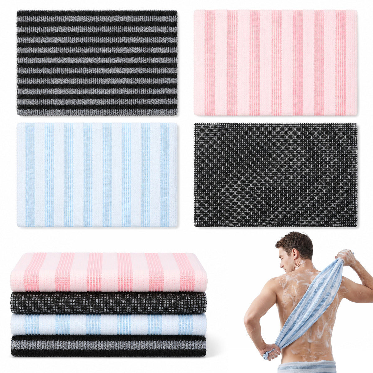 Jeffdad 4 Pcs Japanese Exfoliating Shower Towel, Extra Long Japanese Towel