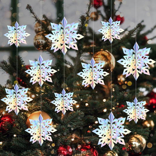 Jeffdad 12PCS Christmas Hanging Snowflake Decorations, 3D Large White Paper Snowflakes Garland Hanging Snow Flakes for Christmas Winter Wonderland Party Holiday New Year Home Decor(Laser)