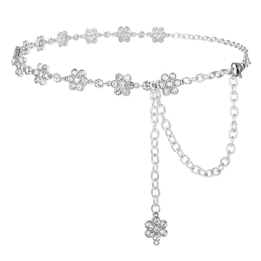 AOZUO Silver Rhinestone Belt for Women Adjustable Silver Chain Belt Flower Metal Crystal Waist Belt Wedd Waist Band for Dress