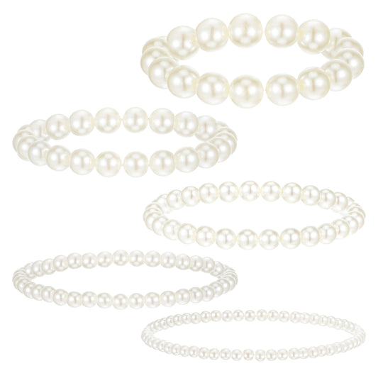 Molain 5 Pcs Pearl Bracelets for Women Stretch Strand Bracelets Pearl Bracelets Bridal Wedding Elastic Bracelets Stackable Faux Pearl Bracelets for Lady Party Jewelry Pearl Beaded Bracelets(Off White)