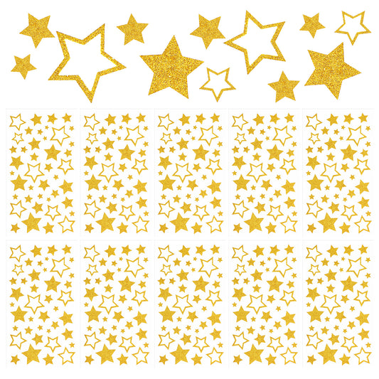 LIQWEI 10 Sheets Glitter Gold Star Stickers, Self-Adhesive Assorted Star Labels Face Sticker, Foil Stars Stickers for Handicrafts Christmas Decoration, Classroom Teacher Supplies