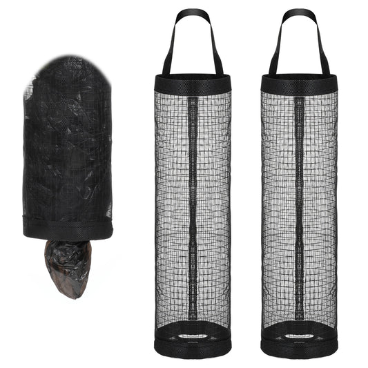 JIYIN 2 PCS Plastic Bag Holder, Black Grocery Bag Holder Mesh Hanging Storage Bag Dispenser for Plastic Bags Reusable Trash Bag Organizer Recycling Grocery Pocket Containers for Home and Kitchen