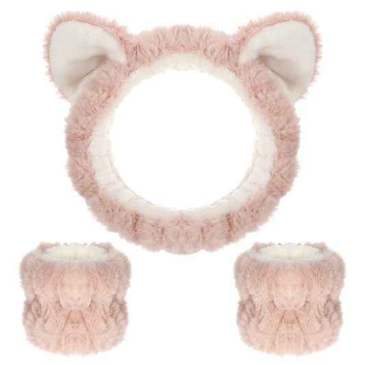 JJUNW 3 Pcs Cat Ears Face Wash Headband, Skincare Headband And soft Faces Wash Wristbands, brown Cute Soft Elastic Makeup Headbands For Facial Makeup, Skincare, Face Washing