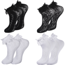 MBAIYO 4 Pairs Ruffle Socks for Women, Black White Lace Frilly Ankle Socks with Ruffled Cuff Soft Sexy Mesh Lolita Dress Sock