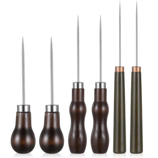 LXUEJIE 6 Pcs Awl Tool Set, Leather Scratch Awl Tools, Awls Tool Sewing with Gourd Shape Wooden Handle, Leather Punch Stitching Marking Awls Tools for Hide Sewing, Marking, Crafts Wood, Shoe Repair