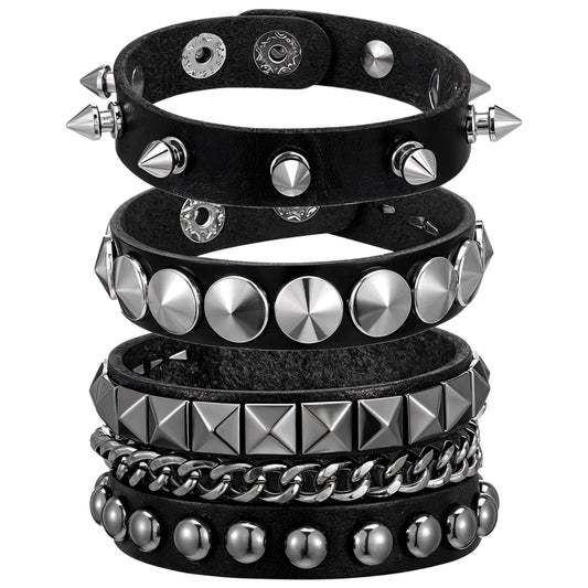 JJUNW 3 Pcs Punk Rock Leather Studded Bracelets, 80s Gothic Spike Cuff Bracelet Halloween Party Favors Rock Accessories
