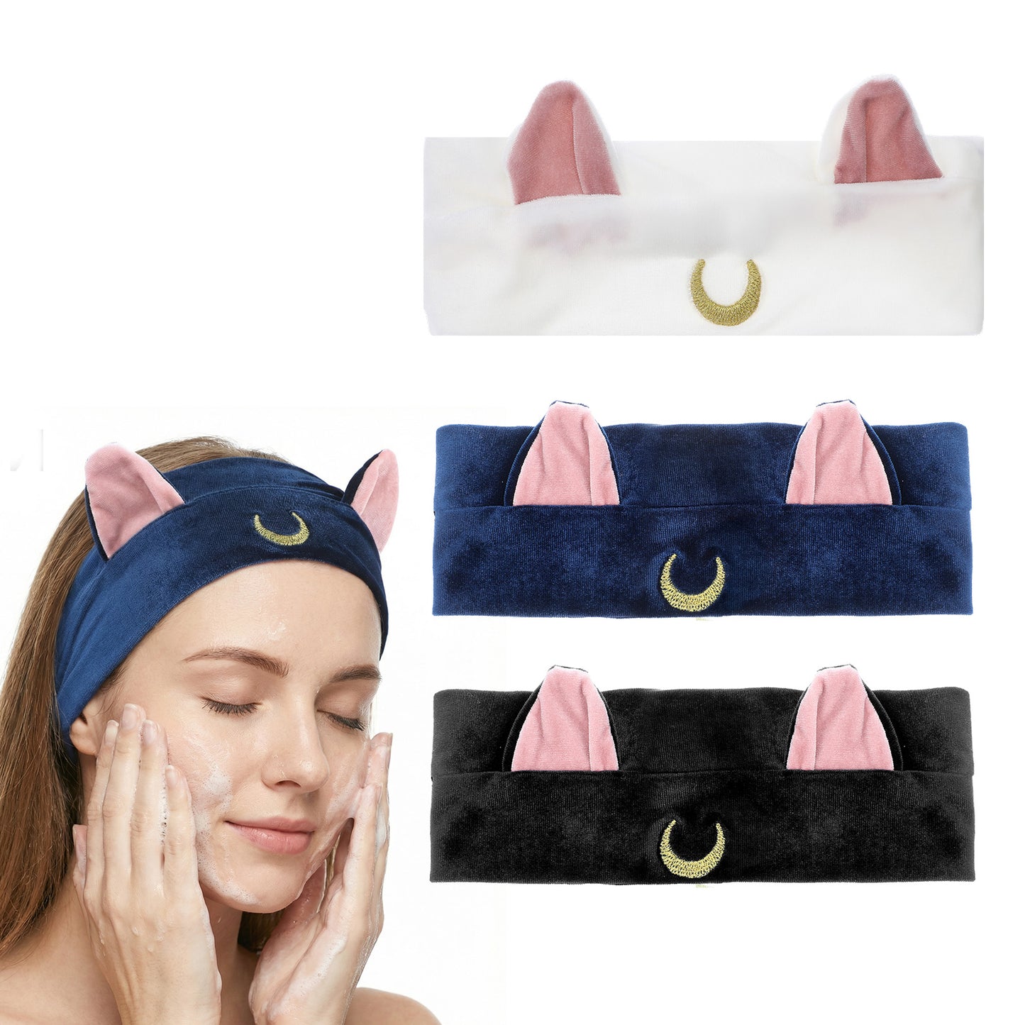 DOPENSPI 3 Pcs Fabric Face Wash Headbands, Soft Cat Ear Hairband Make Up Hair Band Shower Headband Wide-Band Elastic Hairbands for Skincare Washing Sports