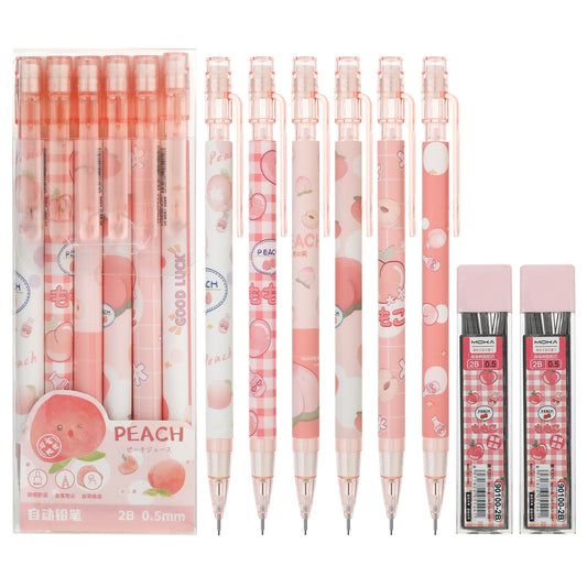 Molain Cute Mechanical Pencil Set, 6PCS Pink Peach Mechanical Pencils 0.5mm with 200PCS HB Pencil Refills School Office Supplies Aesthetic Mechanical Pencils for Girls Writing Drawing Sketching(6)