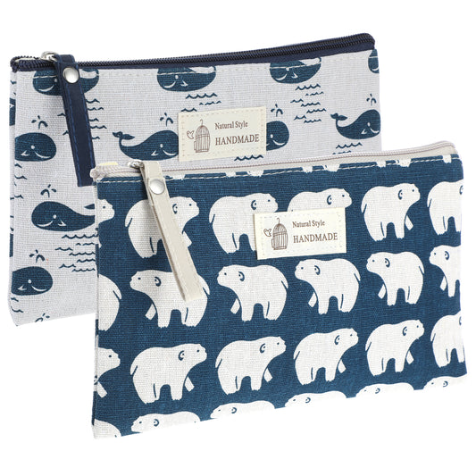 JIEYAO 2 Pcs Small Canvas Makeup Bags, Cute Cosmetic Bag, Printed Zipper Pouch Travel Toiletry Bag Multi-Function Organizer Bag Gift for Women Girls Christmas Stocking Stuffers(Whale+Bear)