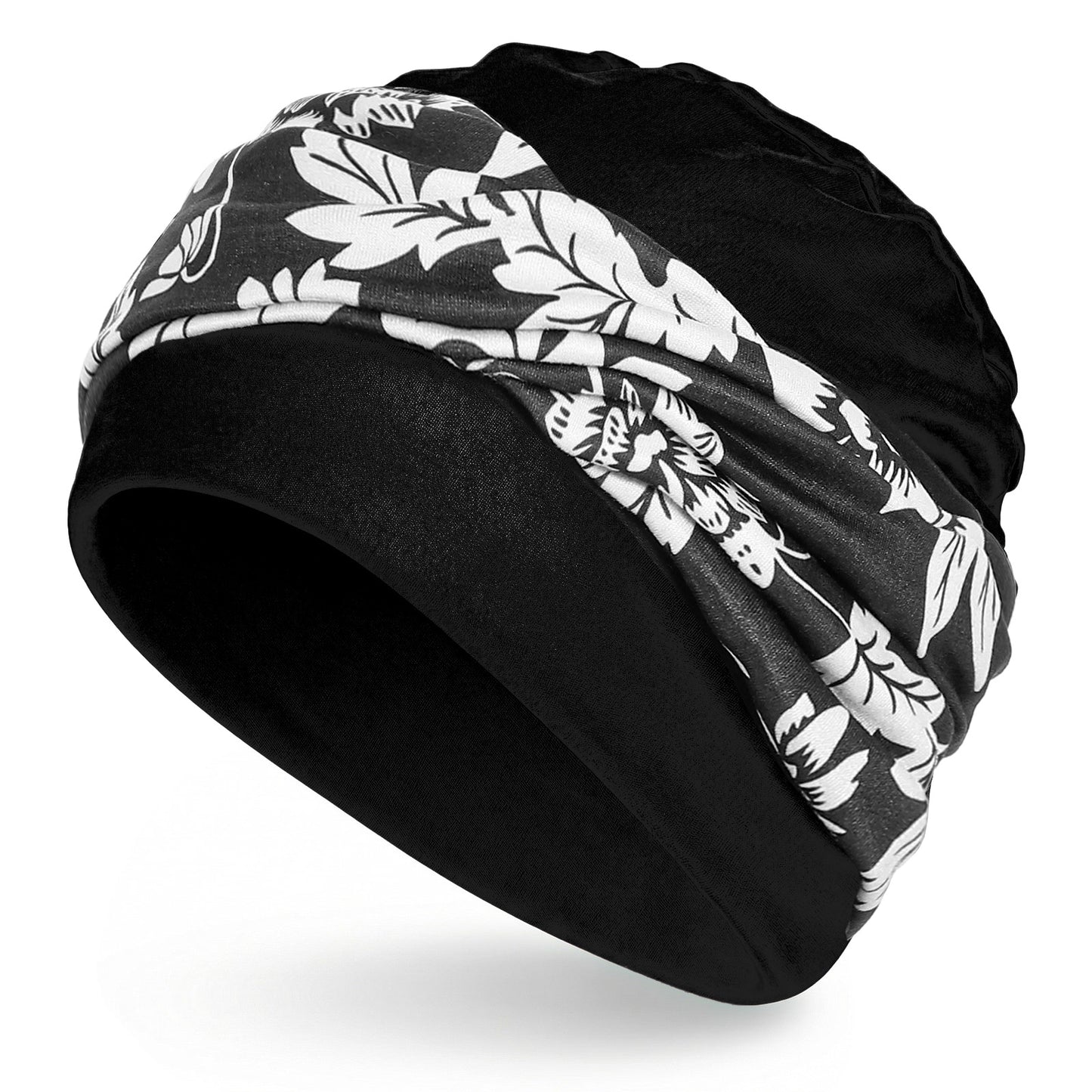 Molain Women's Bohemian Floral Print Cross Turban Hat, Stretchy Headwrap Beanie Cap for Chemo Hair Loss Lightweight Head Scarf Black