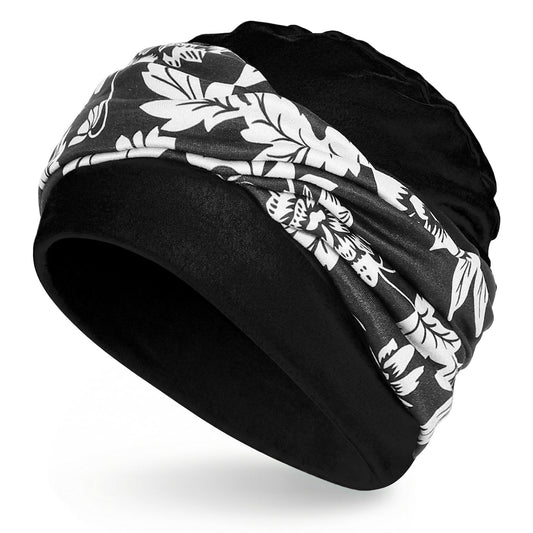 Molain Women's Bohemian Floral Print Cross Turban Hat, Stretchy Headwrap Beanie Cap for Chemo Hair Loss Lightweight Head Scarf Black