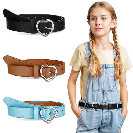 BOHUIZ 3Pcs Girls Belt Cute Heart Shape With Metal Buckle PU Leather Stretch Adjustable Waist Belt for Girl Dress Pants Jeans(Blue, Black, Brown)