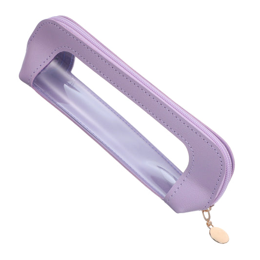 MBAIYO Small Clear Makeup Bag, PU Leather Travel Makeup Brush Case Portable Transparent Waterproof Cosmetic Organizer Pouch with Zipper for Women Home Office Essentials(Light Purple)