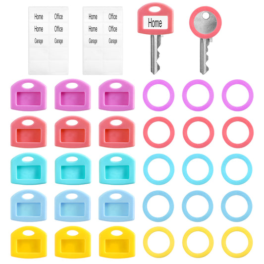 Jeffdad 30PC Silicone Key Covers Caps, Colored Key Covers Protectors, 2 Styles Soft Stretchy Key Identifiers Cover with Write-On Labels for Organization House Keys Protector(5 Colors)