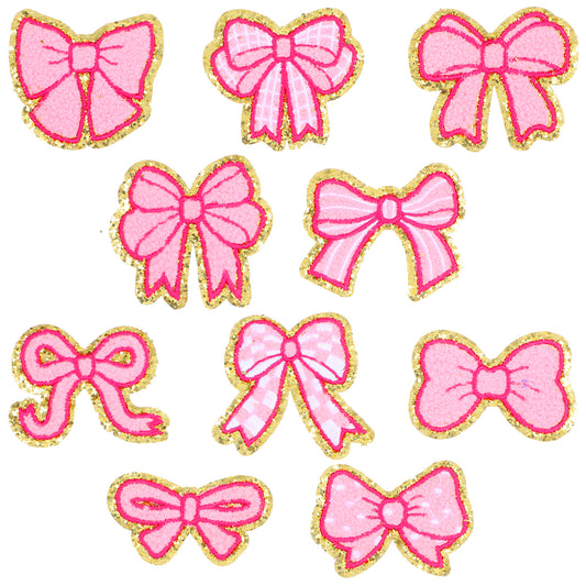 MBAIYO 10-Pack Bow Chenille Iron on Patches, Pink Bowknot Repair Patches Sewing On Iron-on Embroidered Applique DIY Accessory for Women Backpack Hats Clothes Pants Shoes Decor