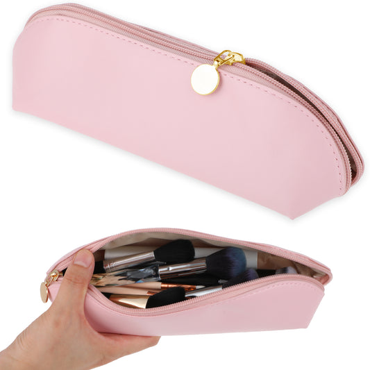 HJZHII Large Travel Makeup Brush Holder, PU Makeup Brush Bag Portable Travel Cosmetic Brush Pouch with Zipper Anti-Fall Out Makeup Tools PU Organizer for Travel Outdoor Bags Markers Change Coins(Pink)