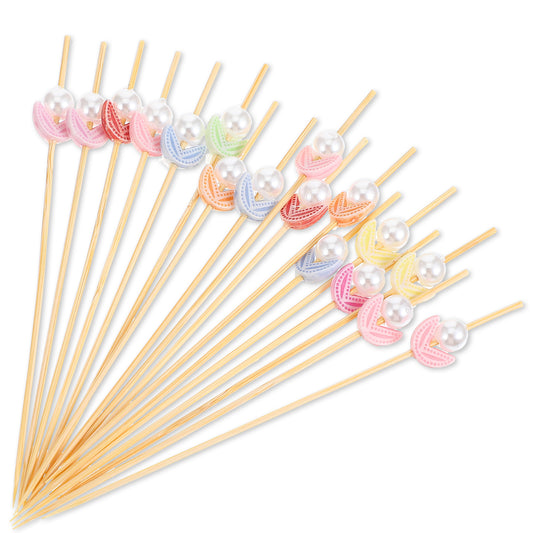 TIESOME 100 Counts Cocktail Picks, 4.7'' Fancy Decorative Bamboo Toothpicks Multi-Color Pearl Skewers Wooden Food Sticks for Appetizers Party Supplies Valentines Party Food Drinks