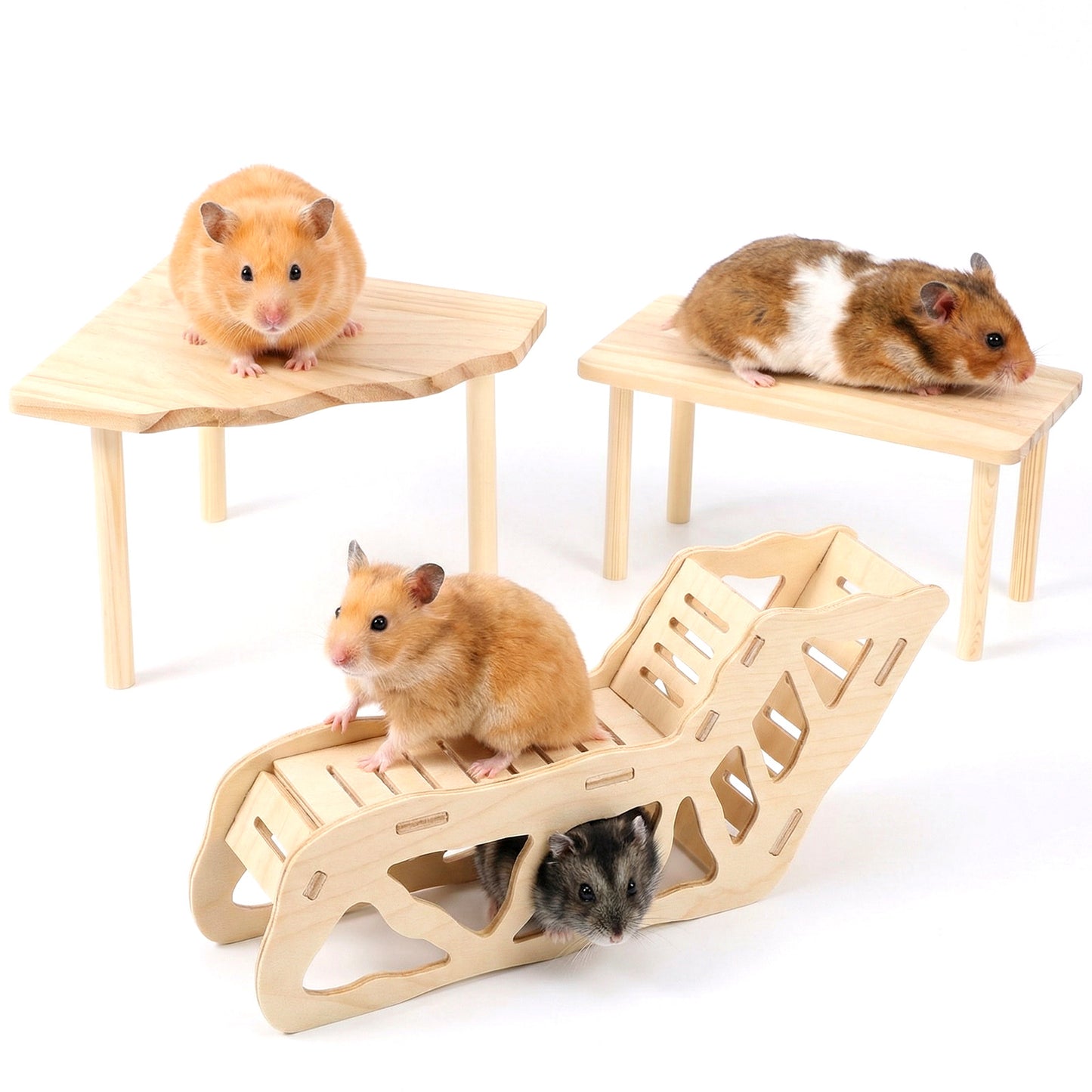 XLIUAX 3 Set Hamster Cage Accessories, Hamster Game Platform with Climbing Ladder Small Wooden Animal Rest Area Tunnel Shelter for Gerbils, Chinchillas, and Other Small Pets