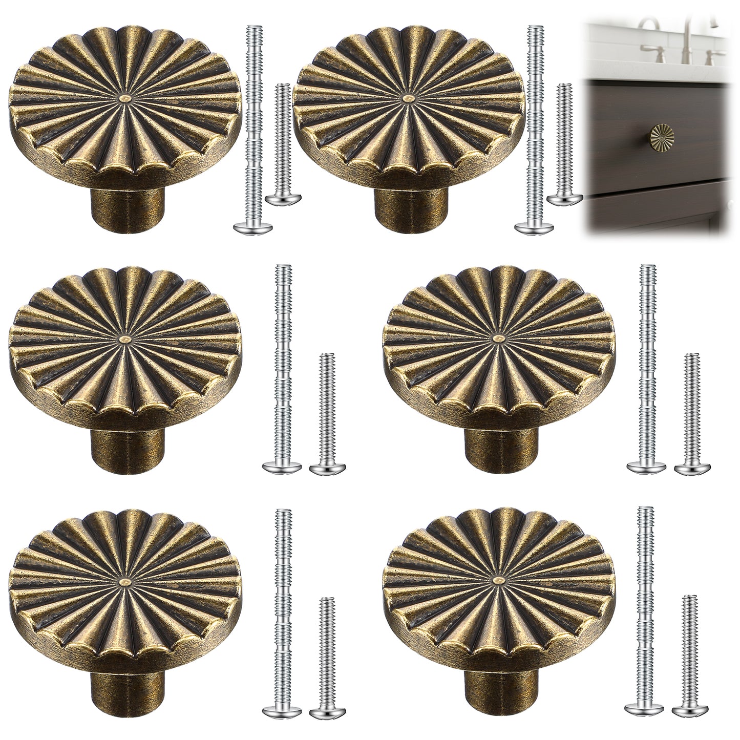 Molain 6 Pack Antique Brass Cabinet Knobs, Vintage Drawer Handles and Cupboard Door Knobs 30mm Antique Style Kitchen Cupboard Handles Zinc Alloy Wardrobe Dresser Knob 12 Screws for Dresser Furniture