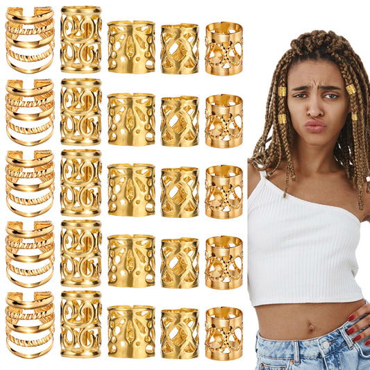 BOHUIZ 100 Pcs Gold Hair Jewelry for Braids, Loc Jewelry for Hair Dreadlock, Hair Charms for Women, Metal Gold Braids Rings Cuffs Clips for Dreadlock Accessories Hair Braids Jewelry Decorations(Gold)