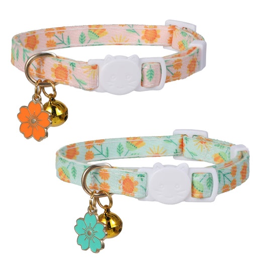 JJUNW 2 Pack Cat Collars, Safety Adjustable Cat Collars, Cotton Breakaway Cat Collar Set, Strawberries and Heart Shaped Pendant Kitten Collar with Bells Safe Quick Release Buckle Cat Collar(Light Gree