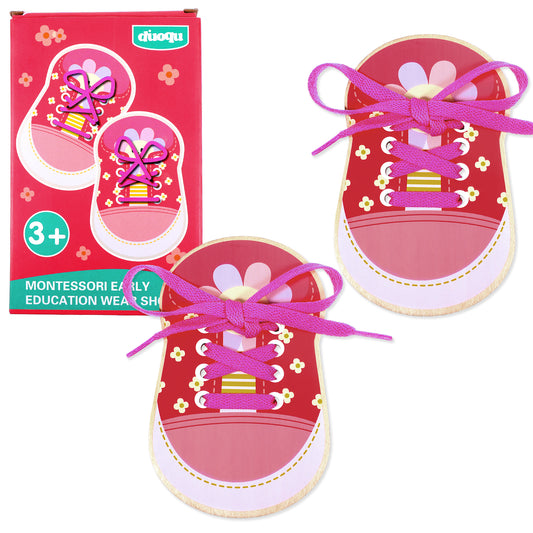 AOZUO 2pcs Wooden Shoe Lace Practice Board, Learn To Tie Shoe Laces Threading Lacing Shoes Training Teaching Aids Tying Educational Tool Early Learning Kits(Pink)